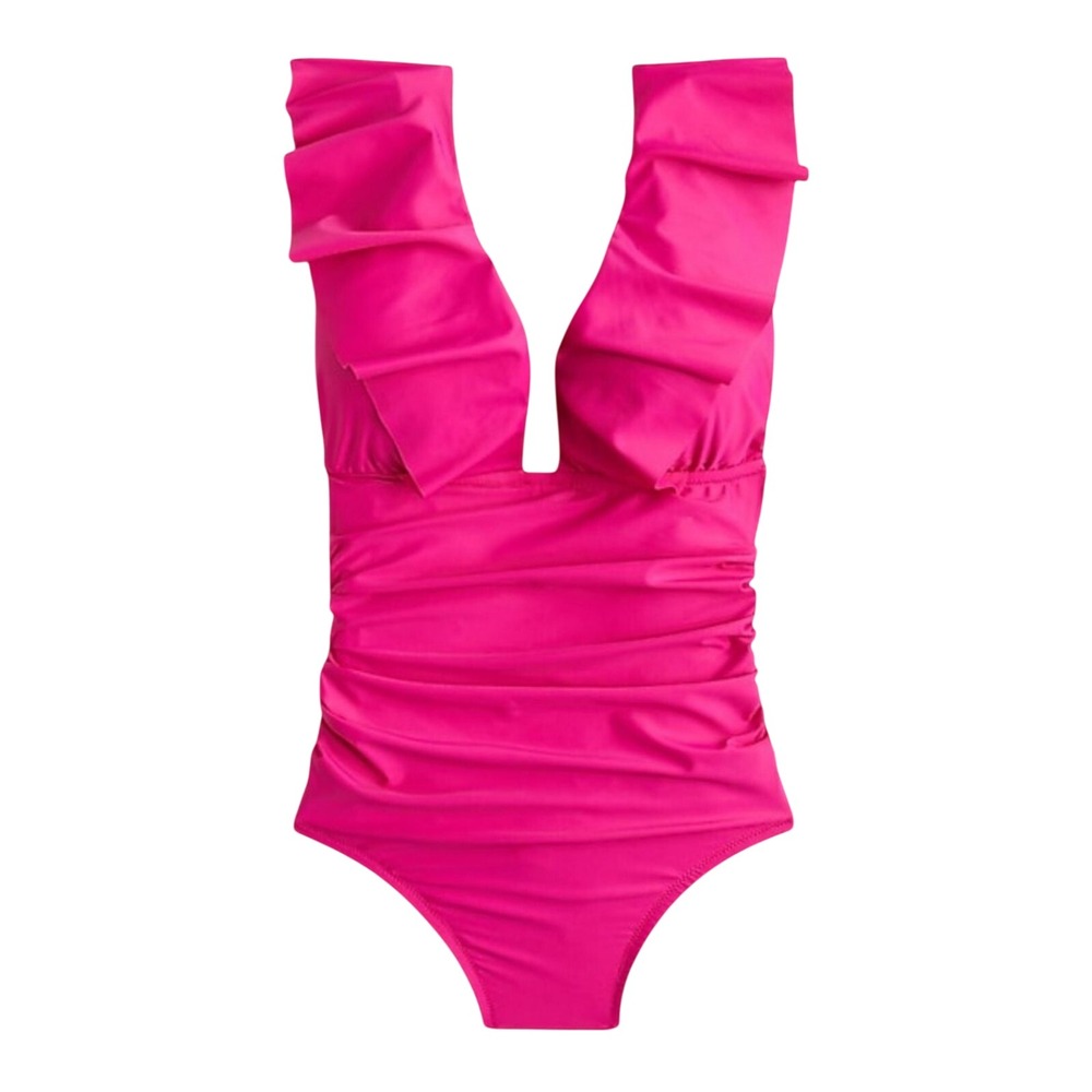 J. Crew Ruched Ruffle One Piece Swimsuit Size 2‎ Pink Deep V Neck NWT